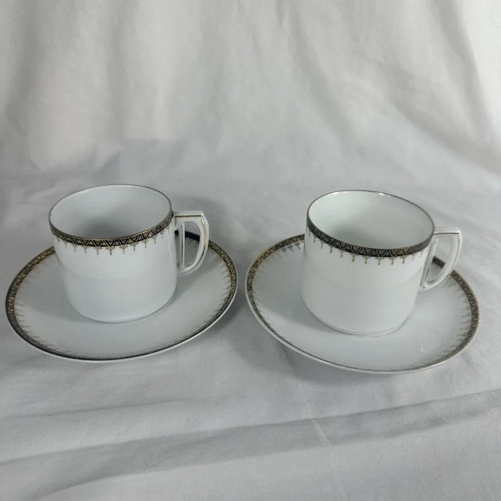 Antique Art Deco Porcelain Demitasse Set Mismatched‎ Cups Saucer Gilt Platter